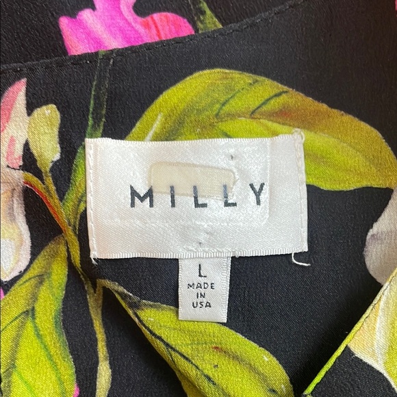 Milly Black and Pink Floral Flutter Sleeve 100% Silk Sundress Large - Picture 7 of 10